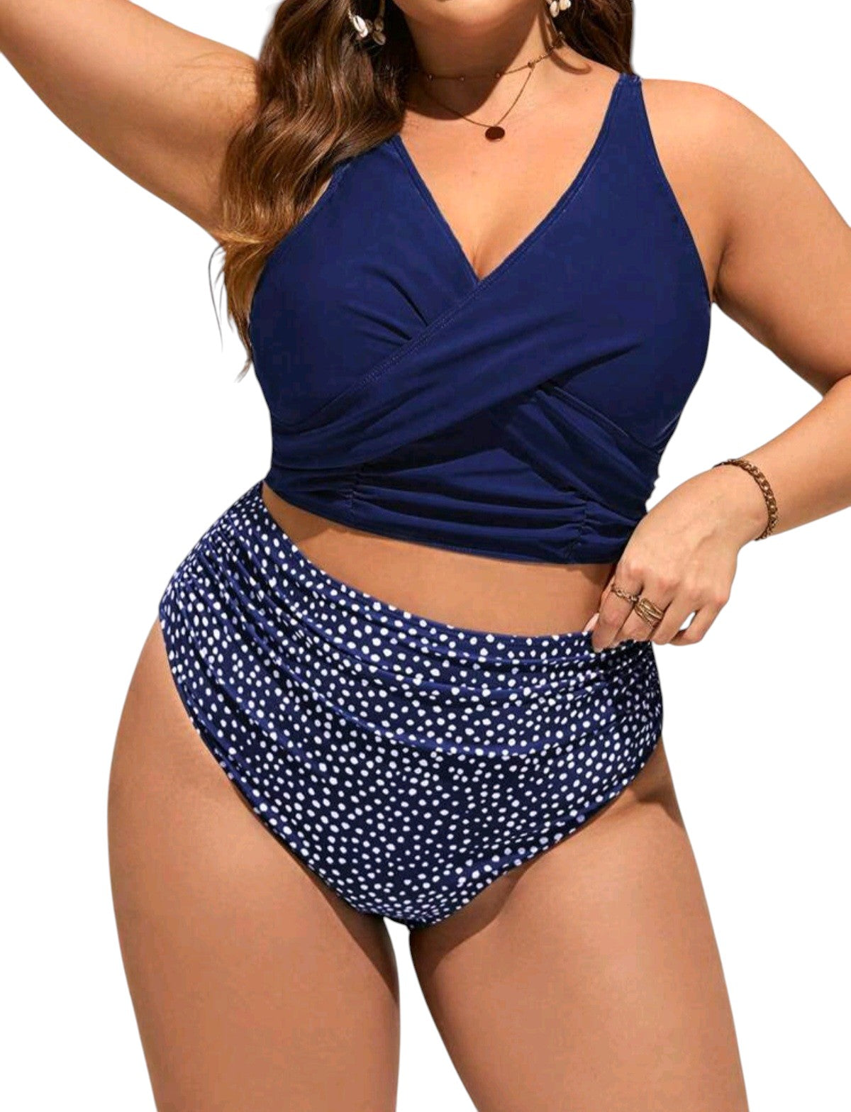 SHE sötétkék pöttyös magasderekú plus size kétrészes bikini