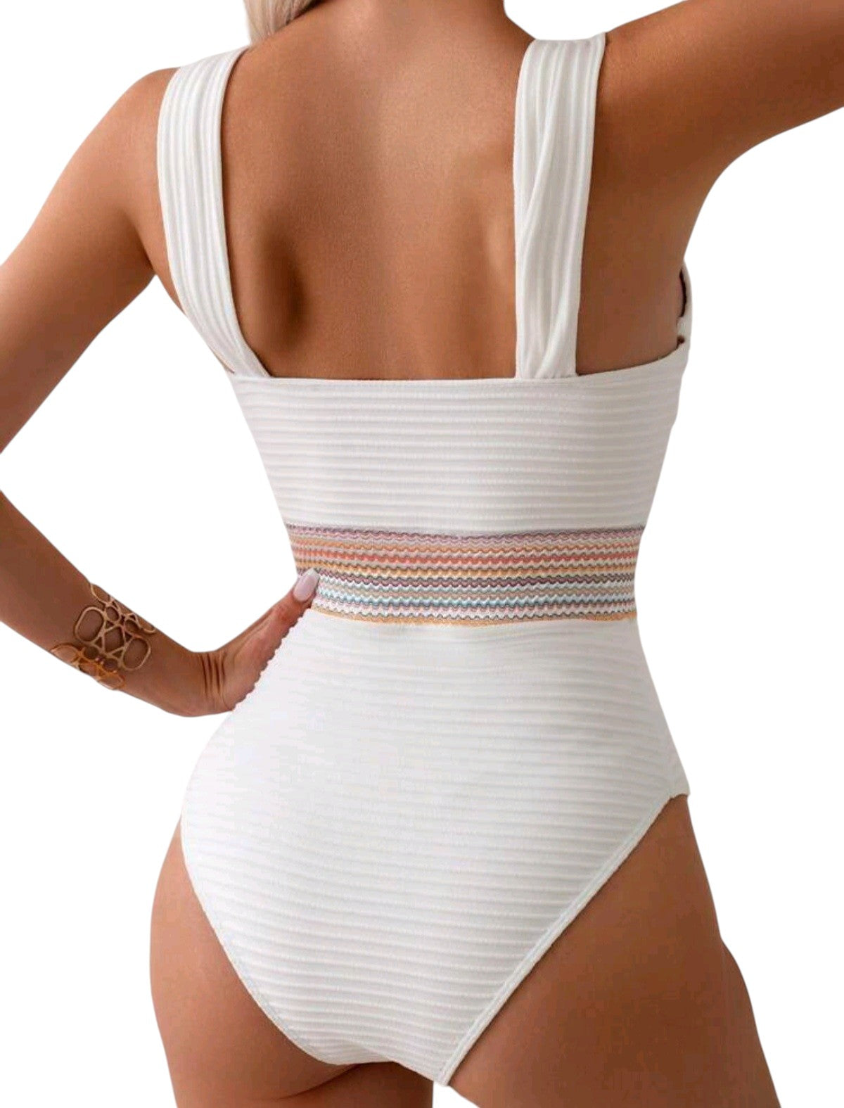 SHE fehér bordázott csavart egyrészes fürdőruha