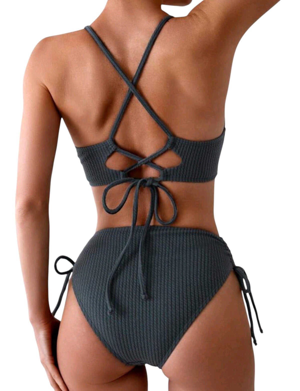 SHE sötétszürke bordázott megkötős kétrészes bikini