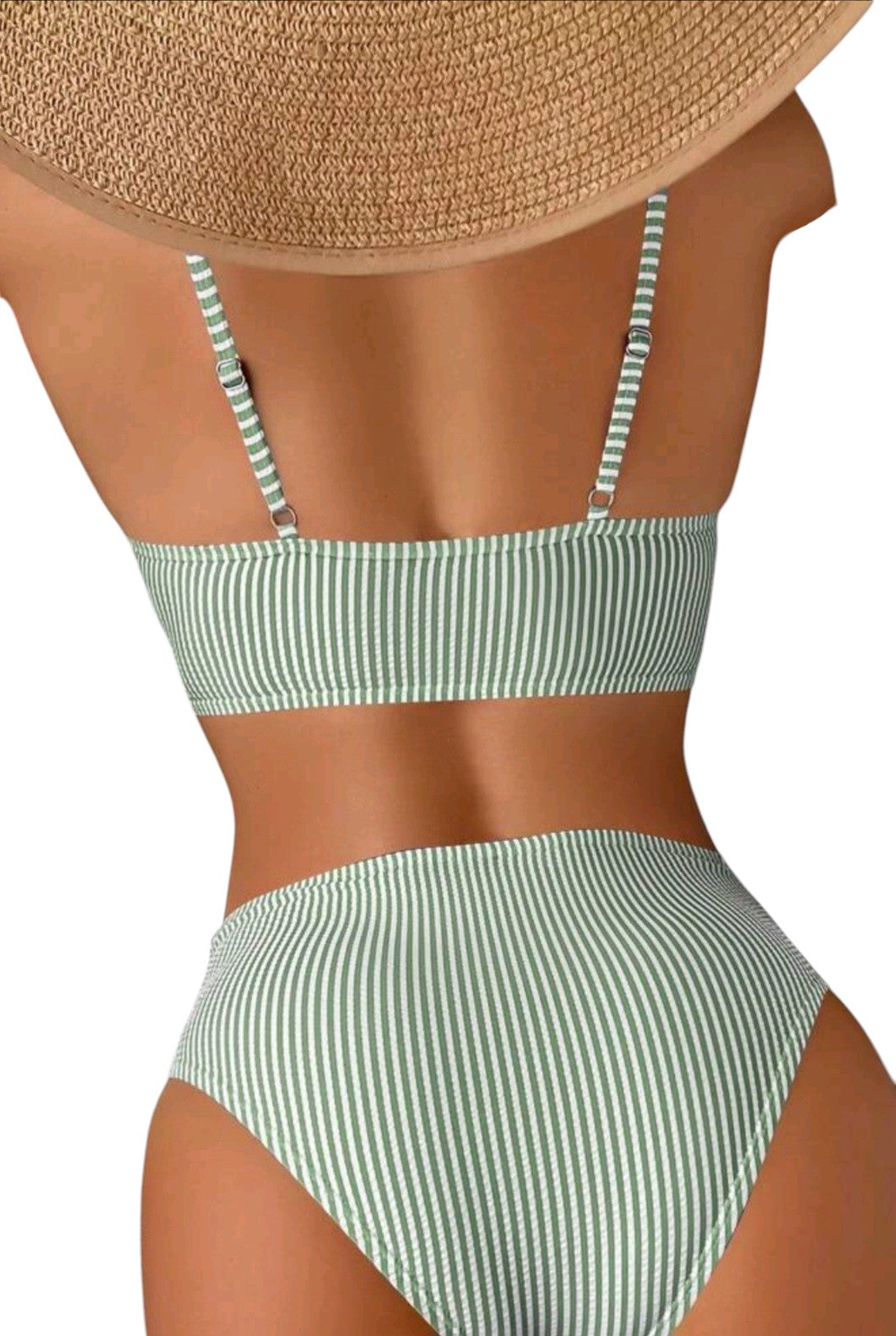 SHE zöld-fehér csíkos fodros vállú bikini