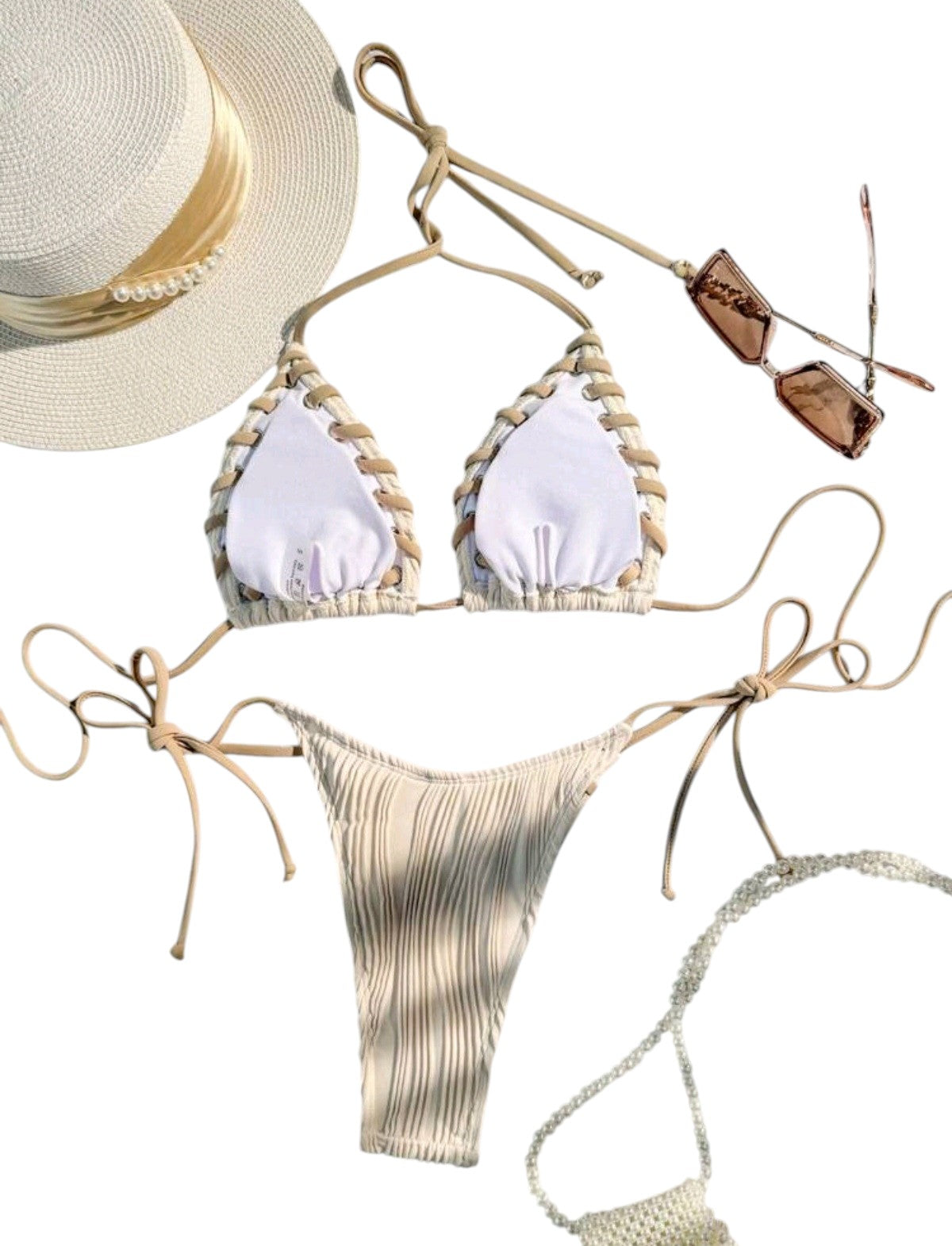 SHE krémszínű texturált horgolt szélű bikini