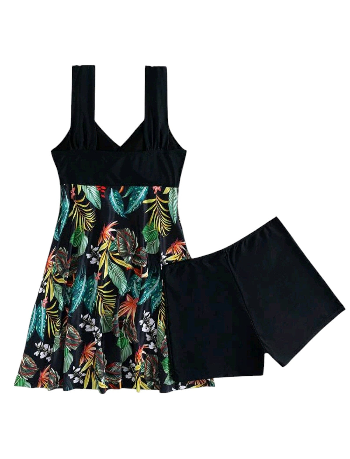 SHE fekete trópusi mintás úszóruha sorttal