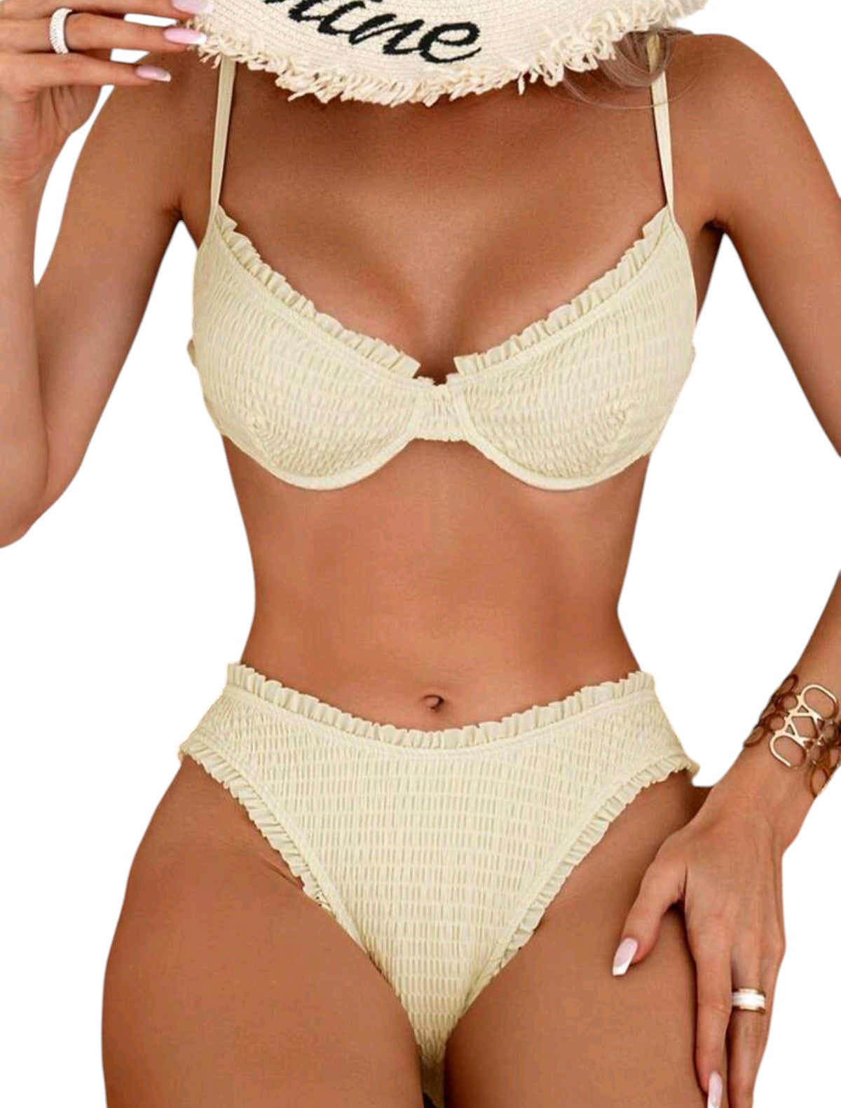 SHE krémszínű smockolt fodros szélű bikini