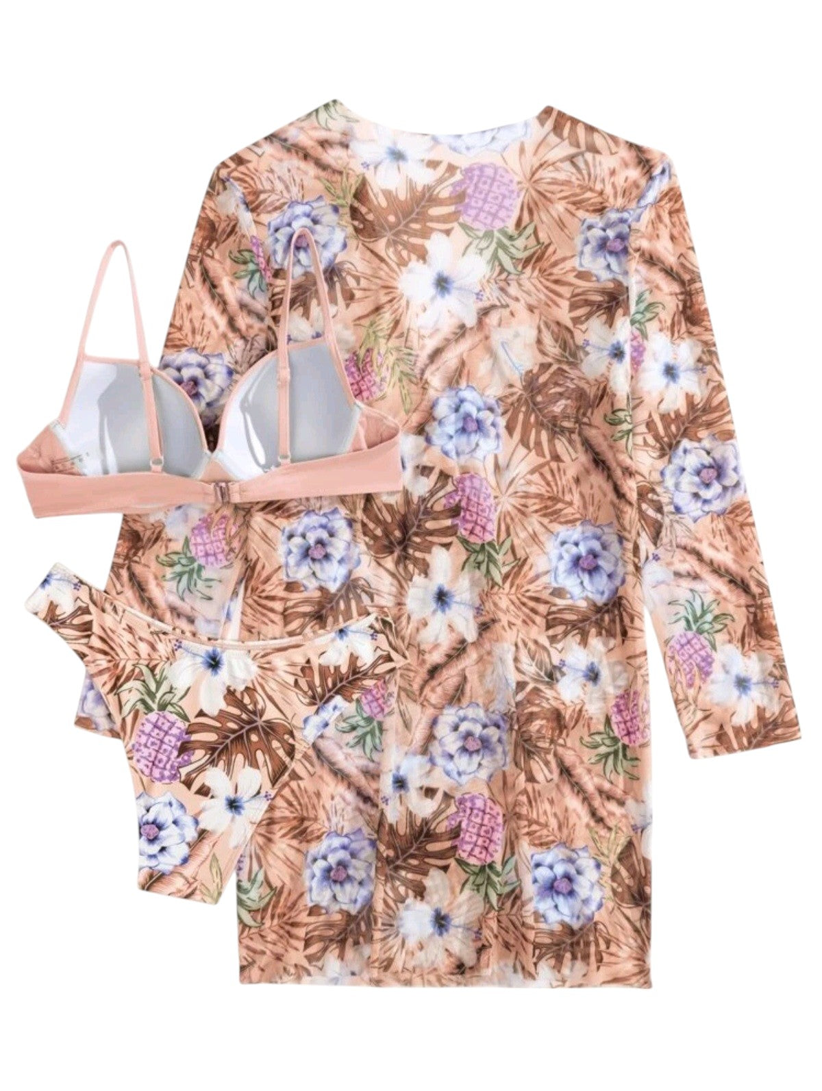 SHE rózsaszín virágmintás háromrészes bikini szett