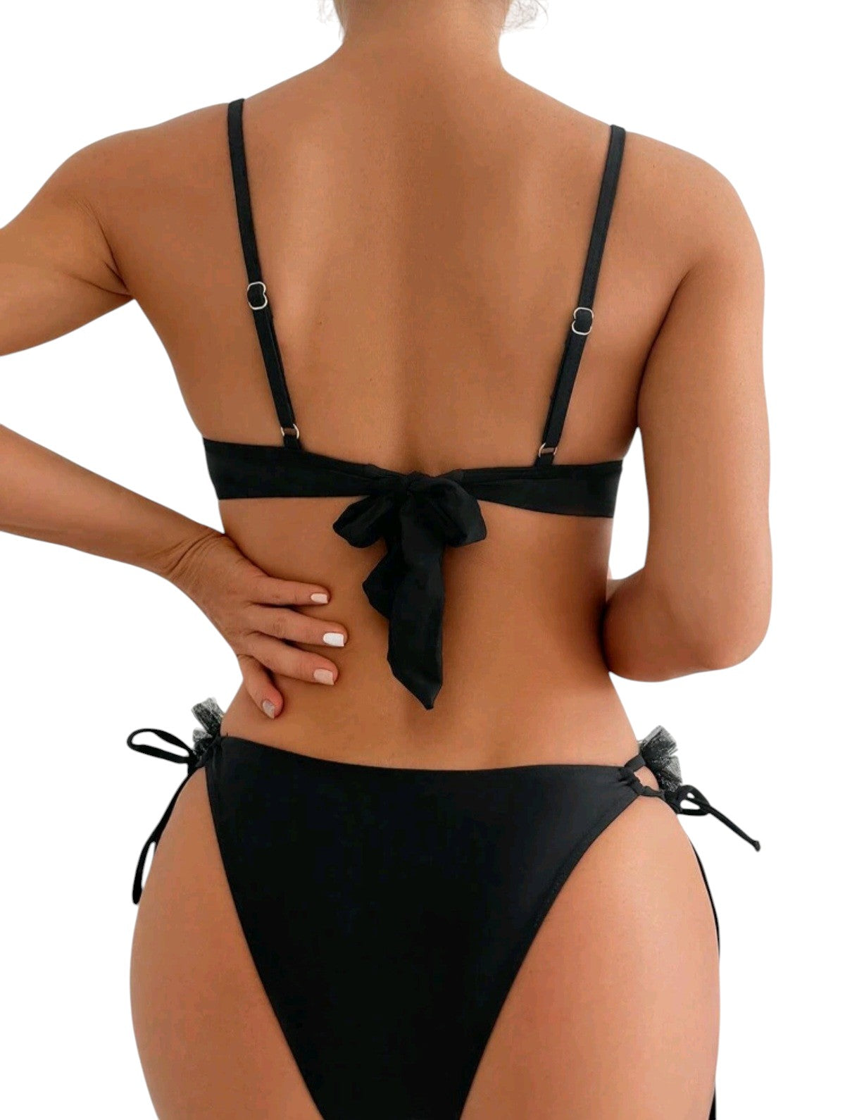 SHE fekete tüll fodros merevítős bikini