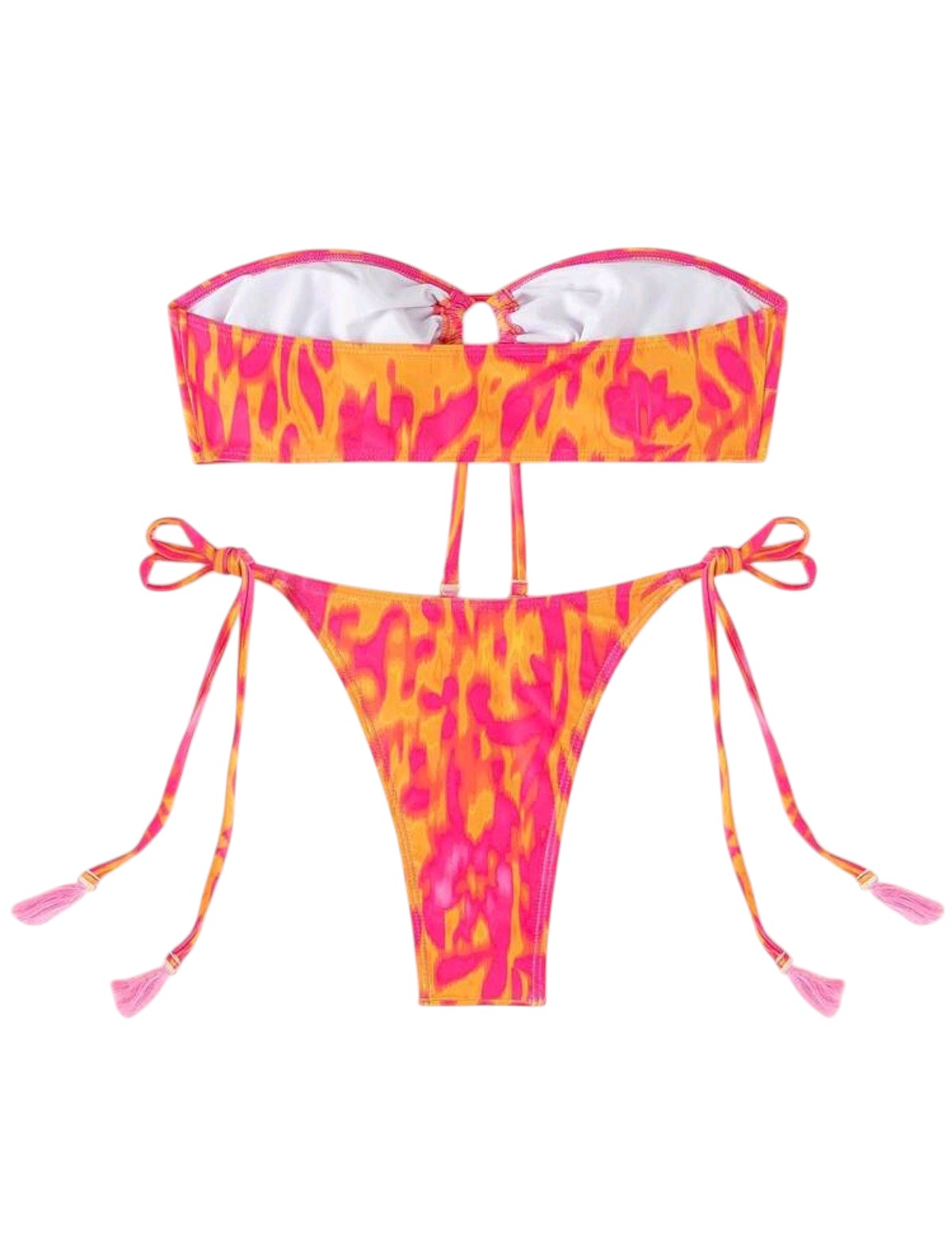 SHE narancs-rózsaszín mintás bojttos bandeau bikini