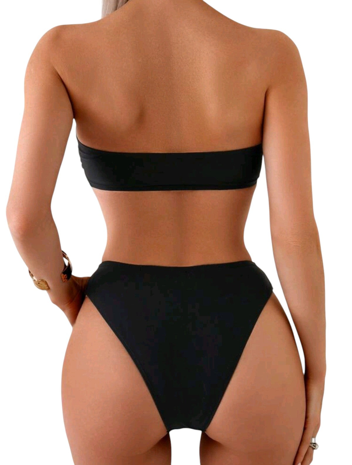 SHE fekete virágos rátétes bandeau bikini szett