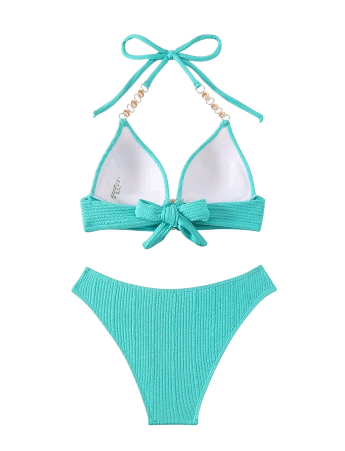 SHE türkiz bordázott karikás láncos pántú bikini szett