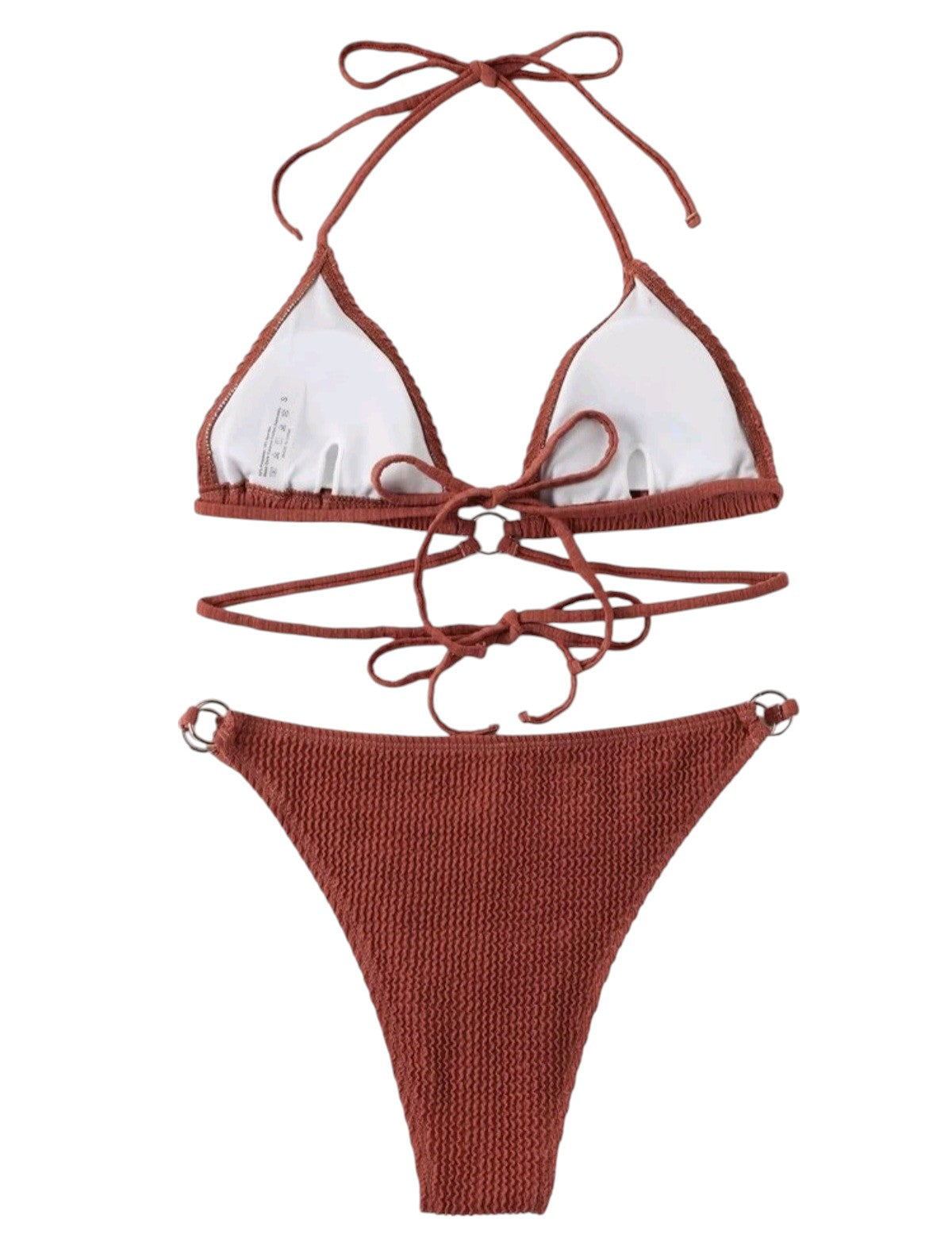 SHE rozsdabarna bordázott karikás átkötős bikini szett