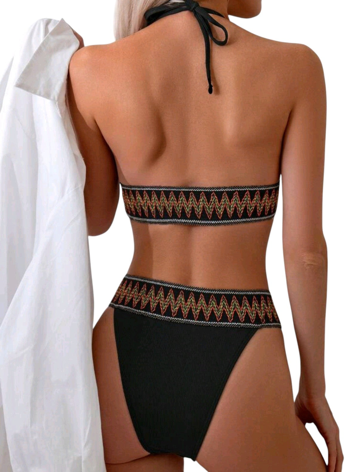 SHE fekete bordázott hímzett szegélyes bikini szett