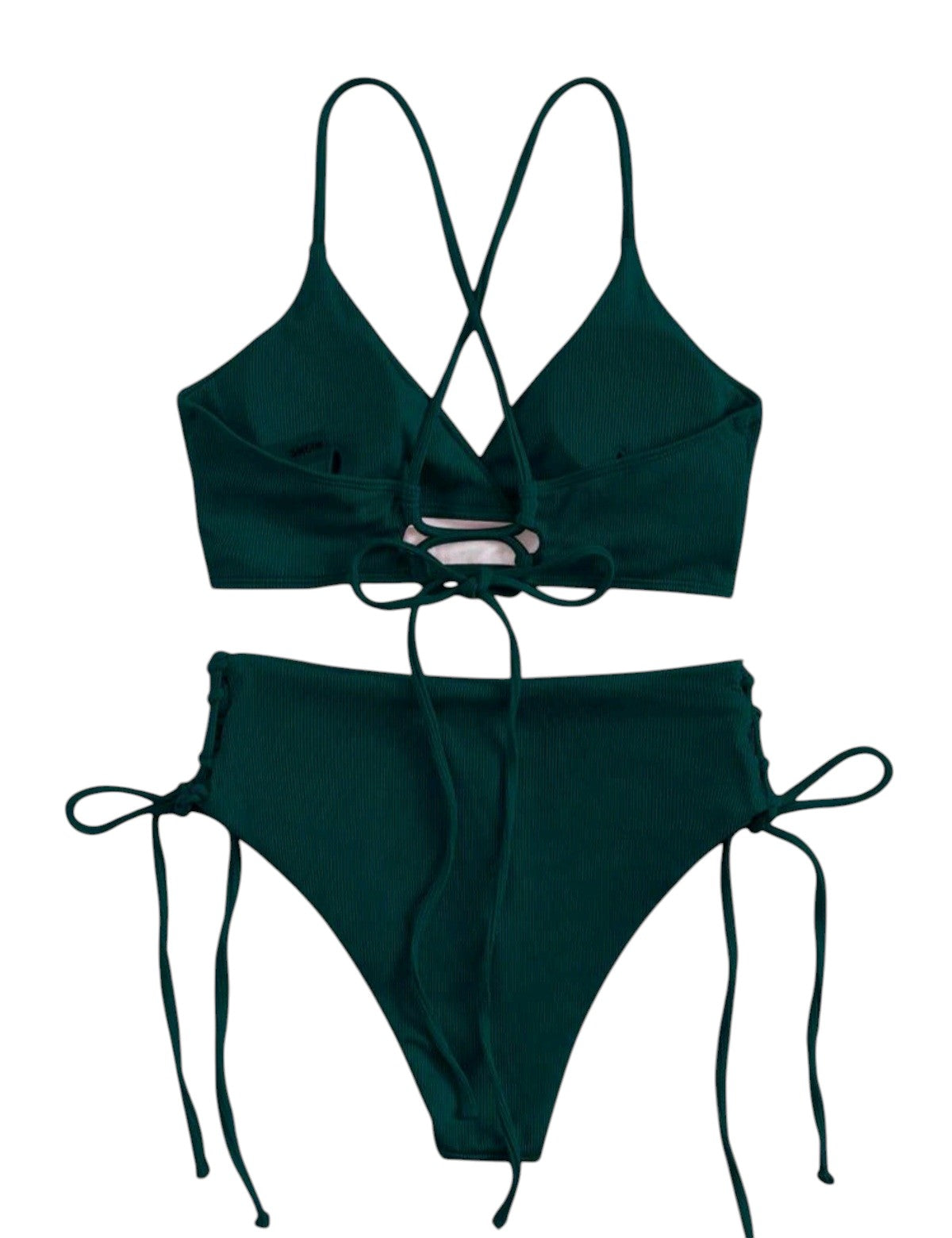 SHE sötétzöld bordázott átlapolt megkötős bikini szett