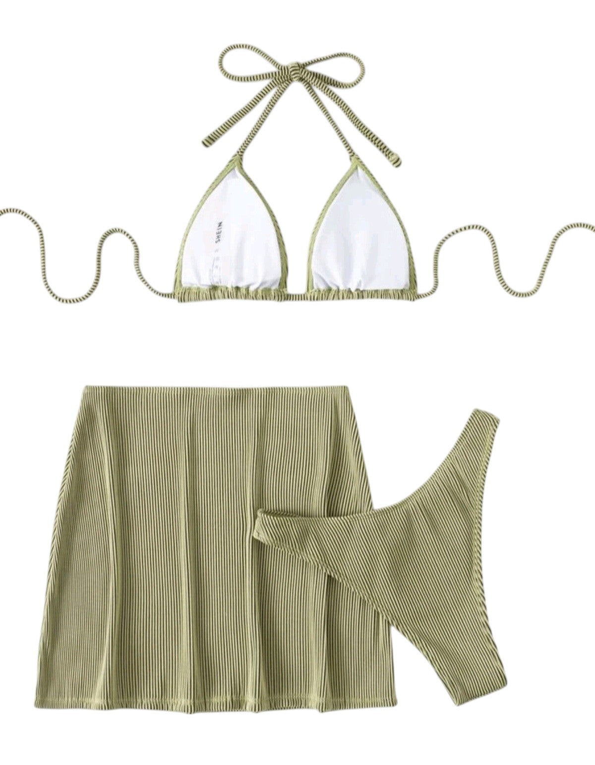 SHE olívazöld csíkos háromrészes bikini szett szoknyával