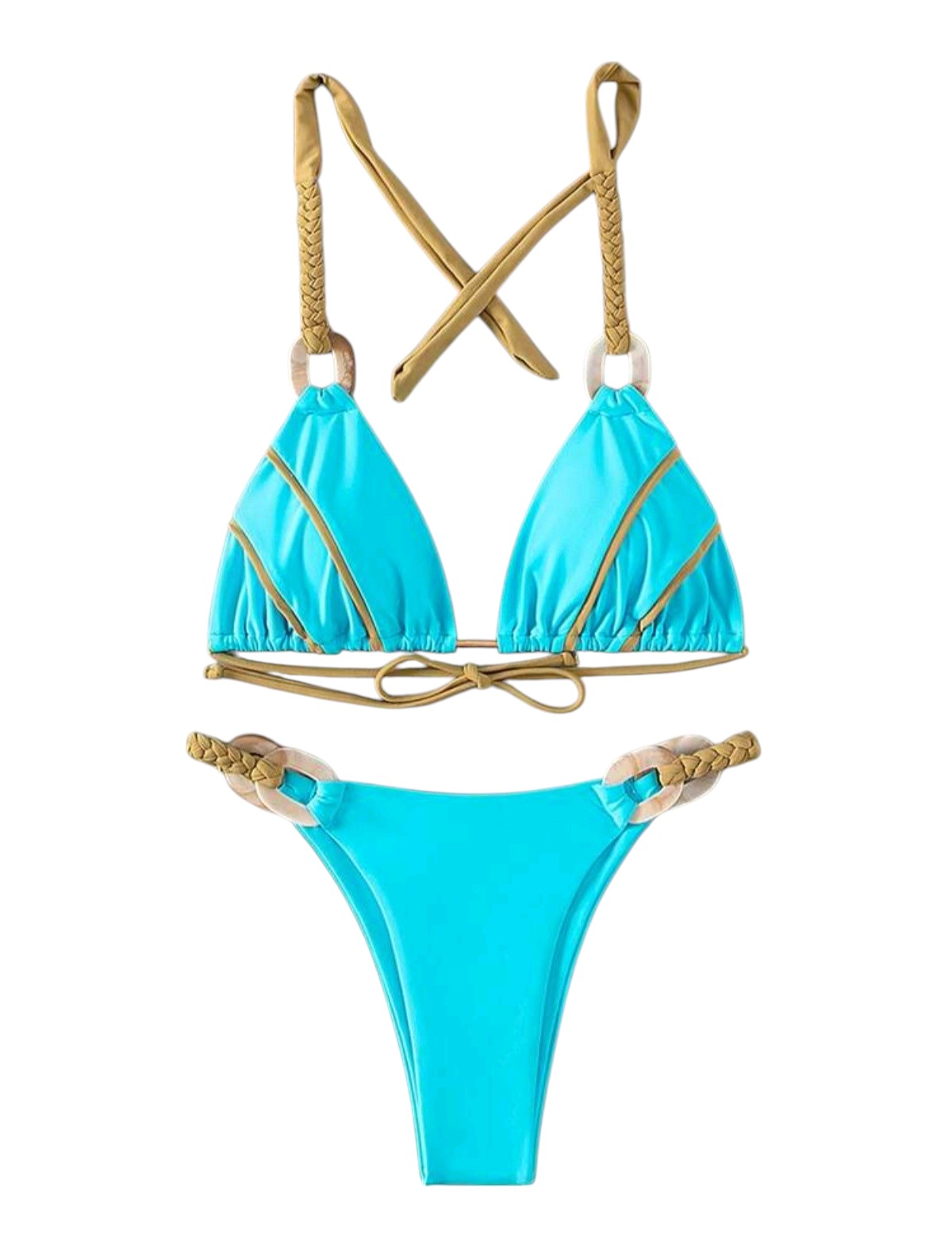 SHE türkiz fonott díszes karikás bikini szett