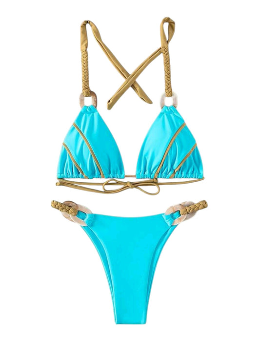 SHE türkiz fonott díszes karikás bikini szett