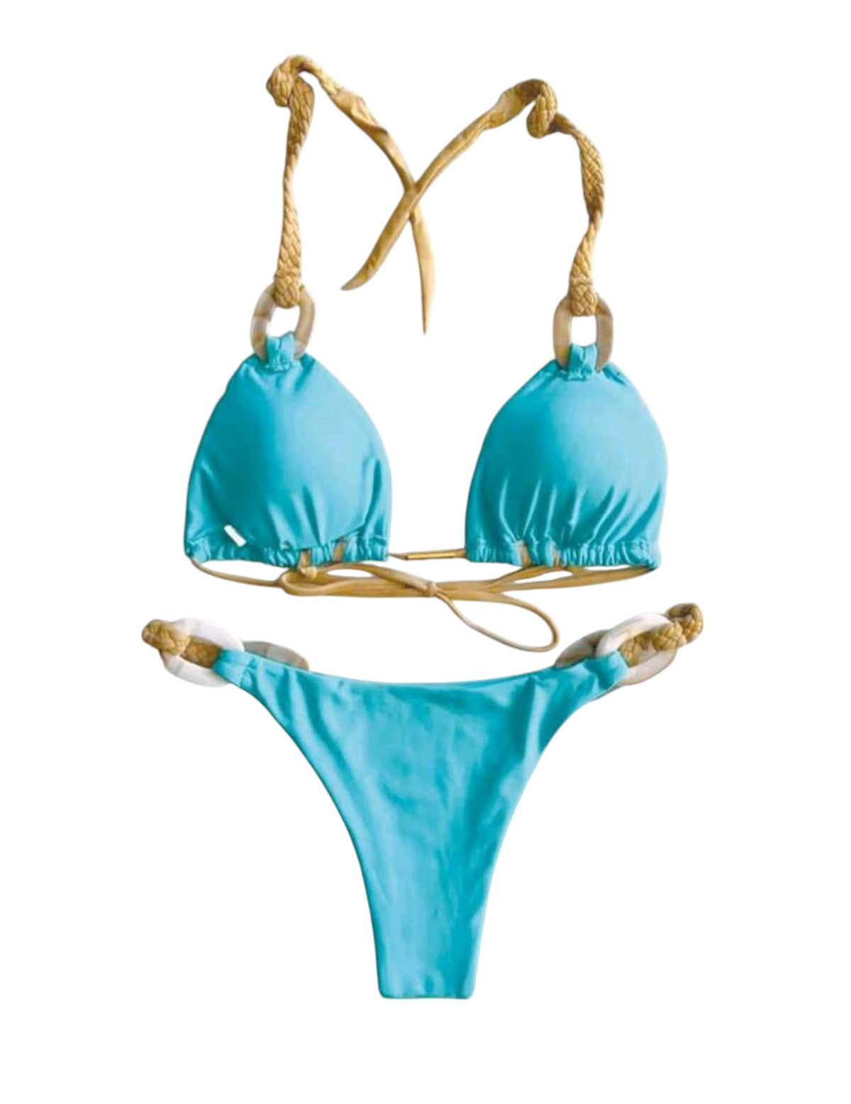 SHE türkiz fonott díszes karikás bikini szett