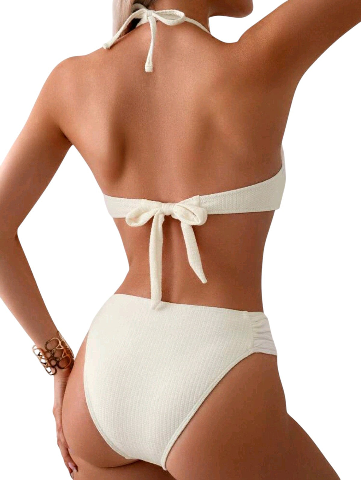 SHE krém texturált láncos bandeau bikini szett