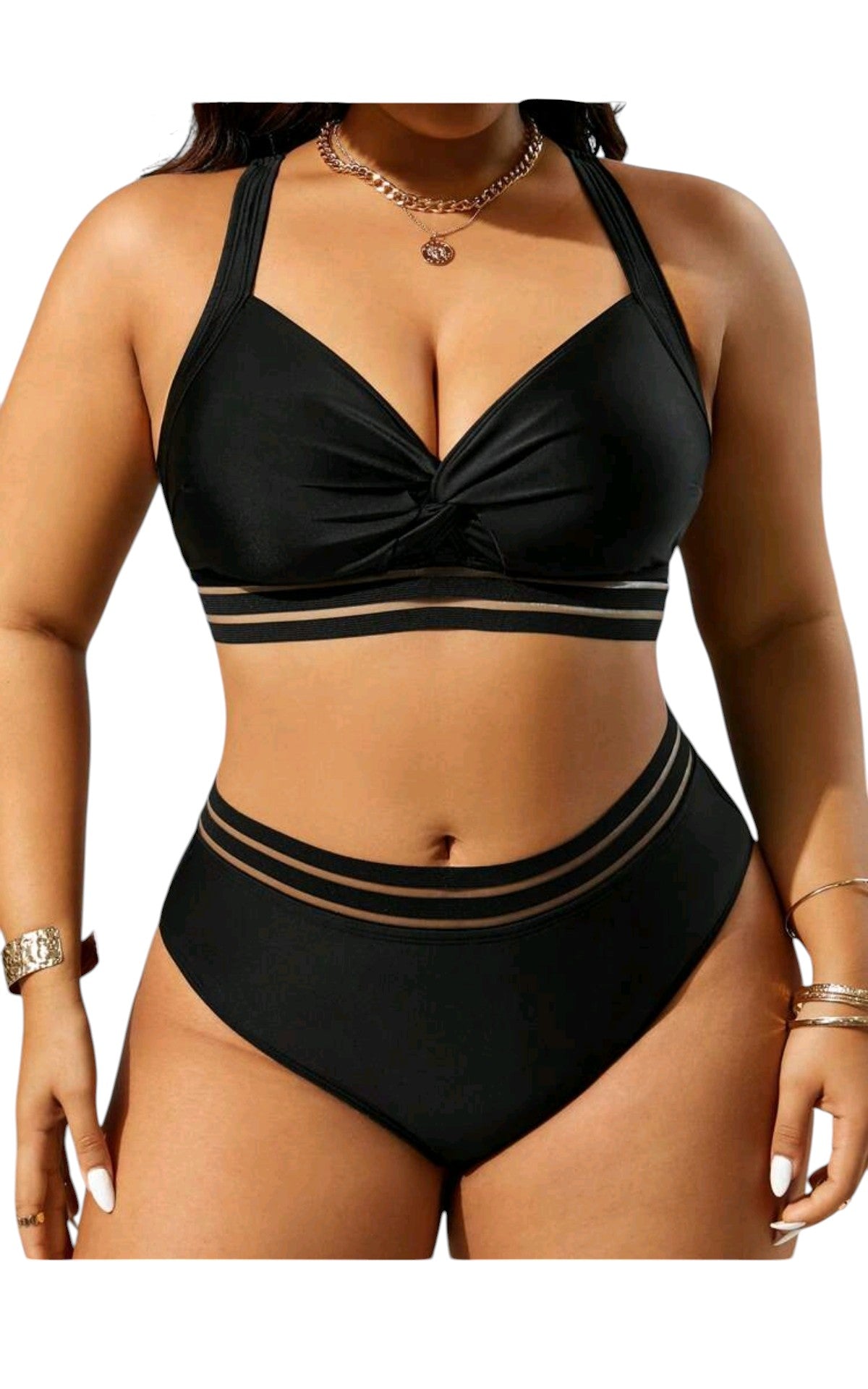 SHE fekete hálós csíkos csavart elejű bikini szett