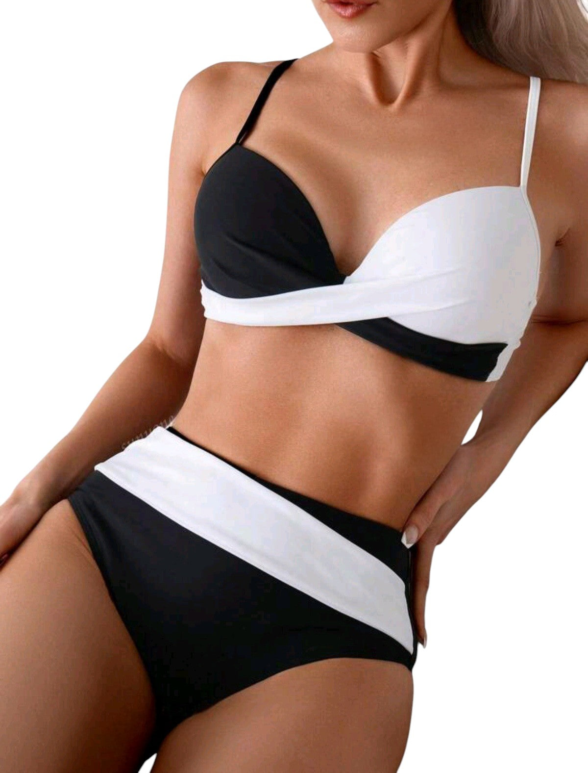 SHE fekete-fehér colorblock átlapolt bikini szett