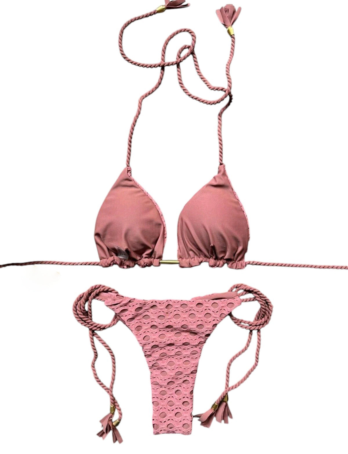 SHE rózsaszín hímzett csipkés bojttos bikini szett