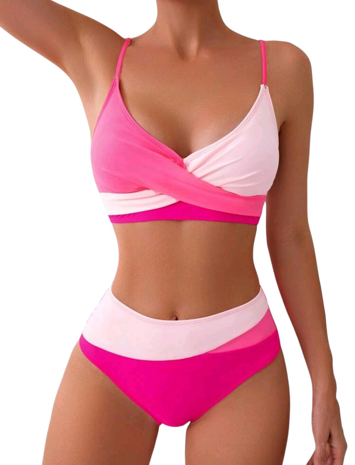 SHE rózsaszín colorblock átlapolt bikini szett