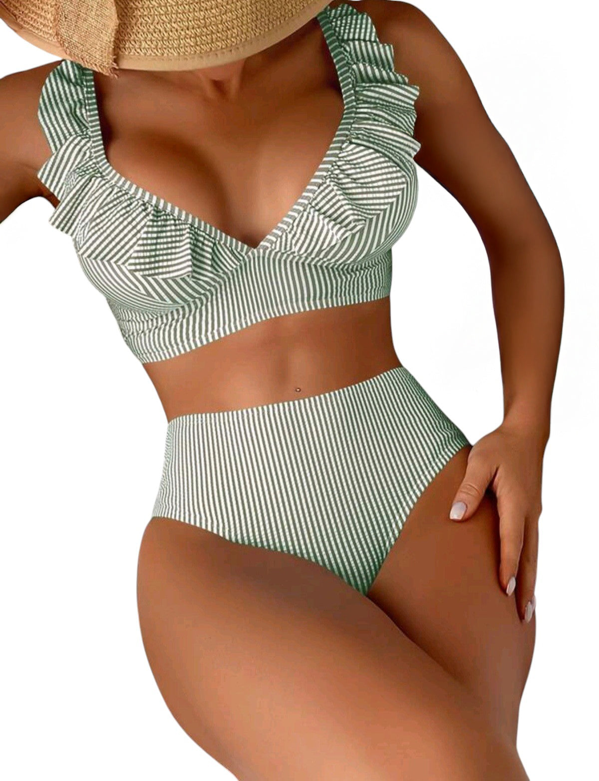 SHE zöld-fehér csíkos fodros pántú bikini szett