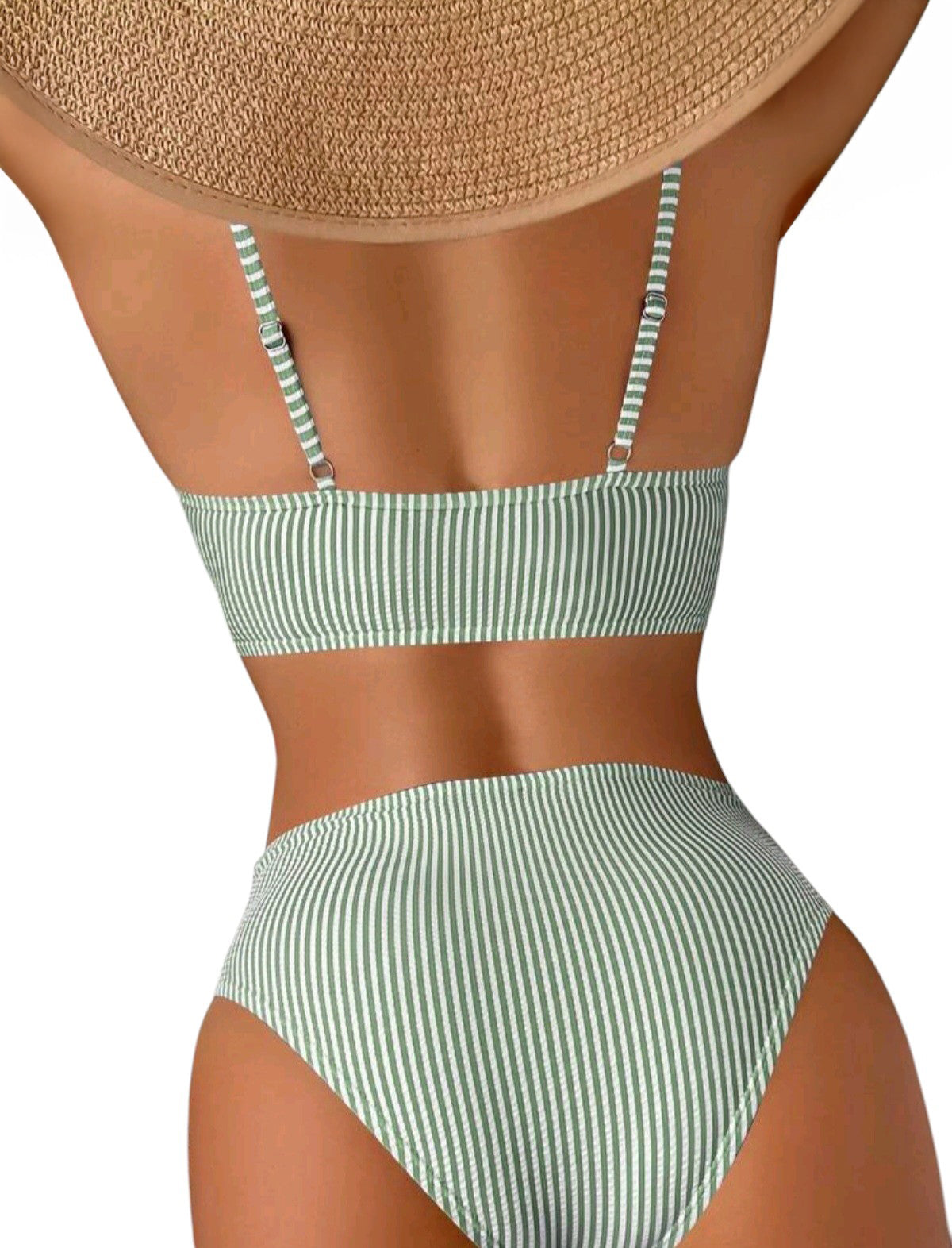 SHE zöld-fehér csíkos fodros pántú bikini szett