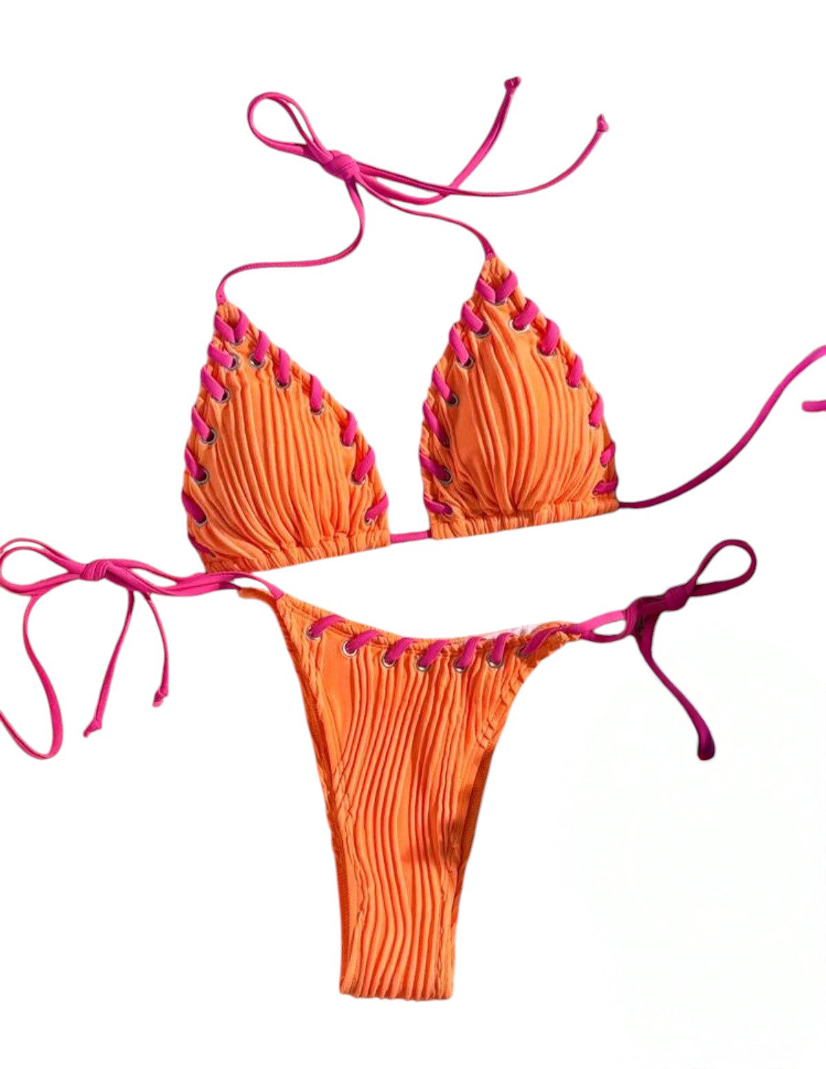 SHE narancs texturált fonott szélű bikini szett