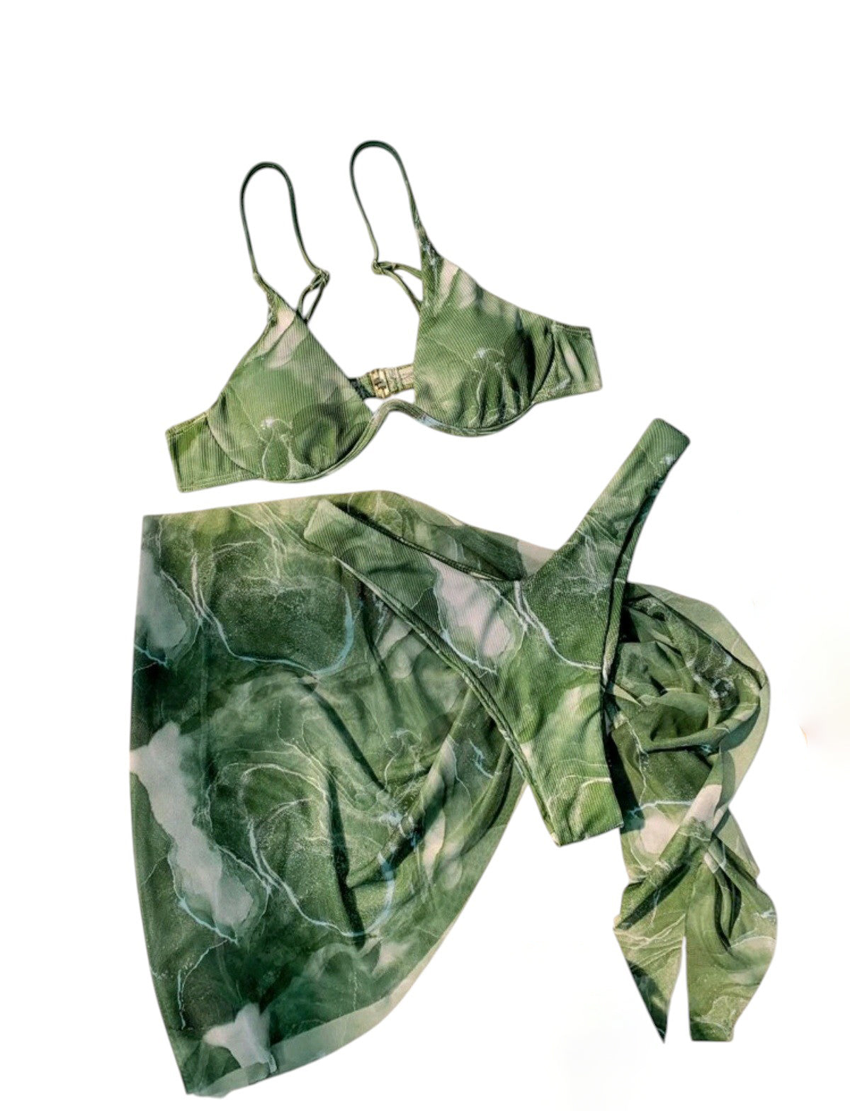 SHE zöld márványmintás háromrészes bikini szett szaronggal