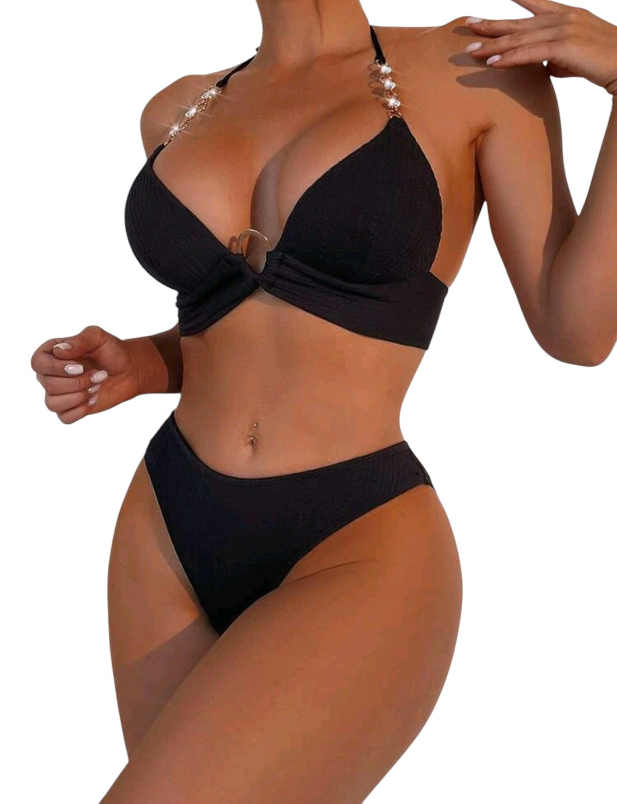 SHE fekete texturált karikás gyöngyös pántú bikini szett