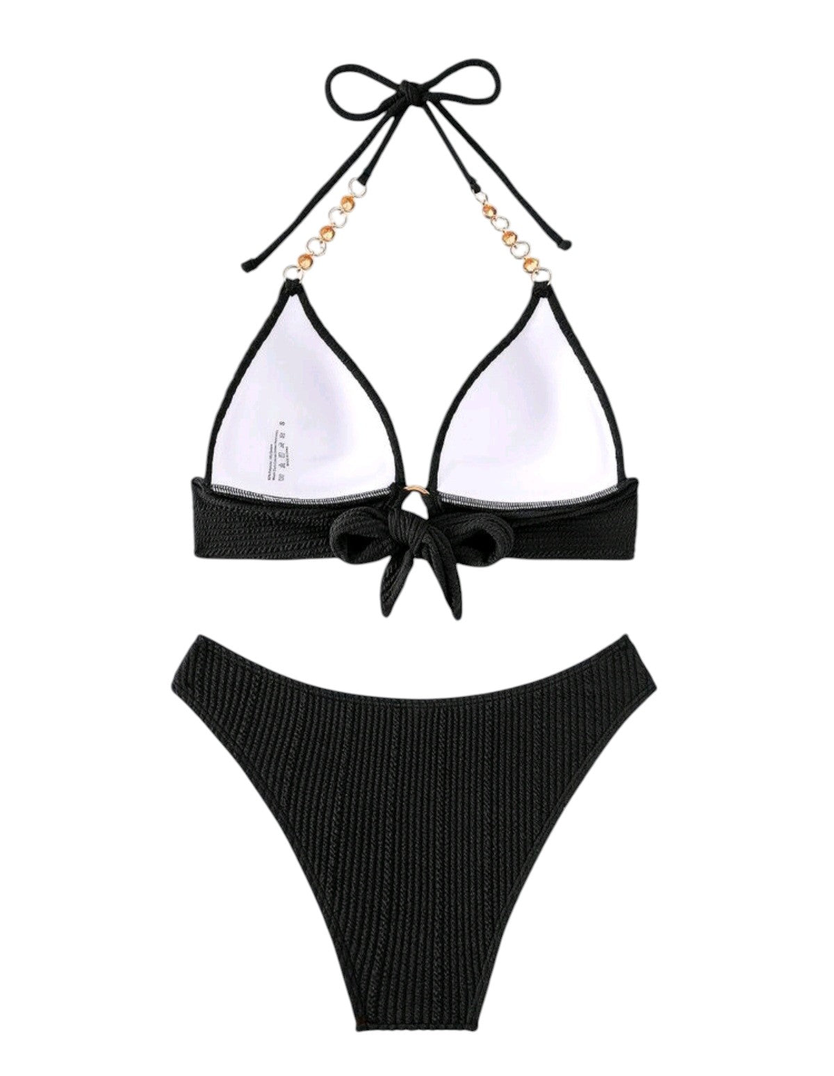 SHE fekete texturált karikás gyöngyös pántú bikini szett