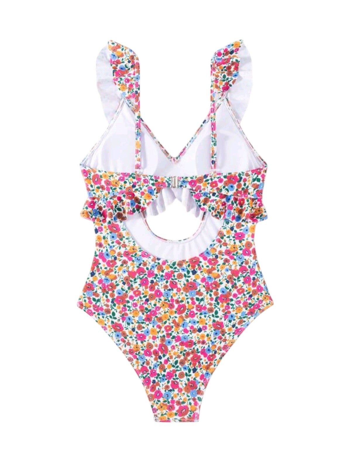 SHE fehér virágmintás fodros kivágott egyberészes fürdőruha