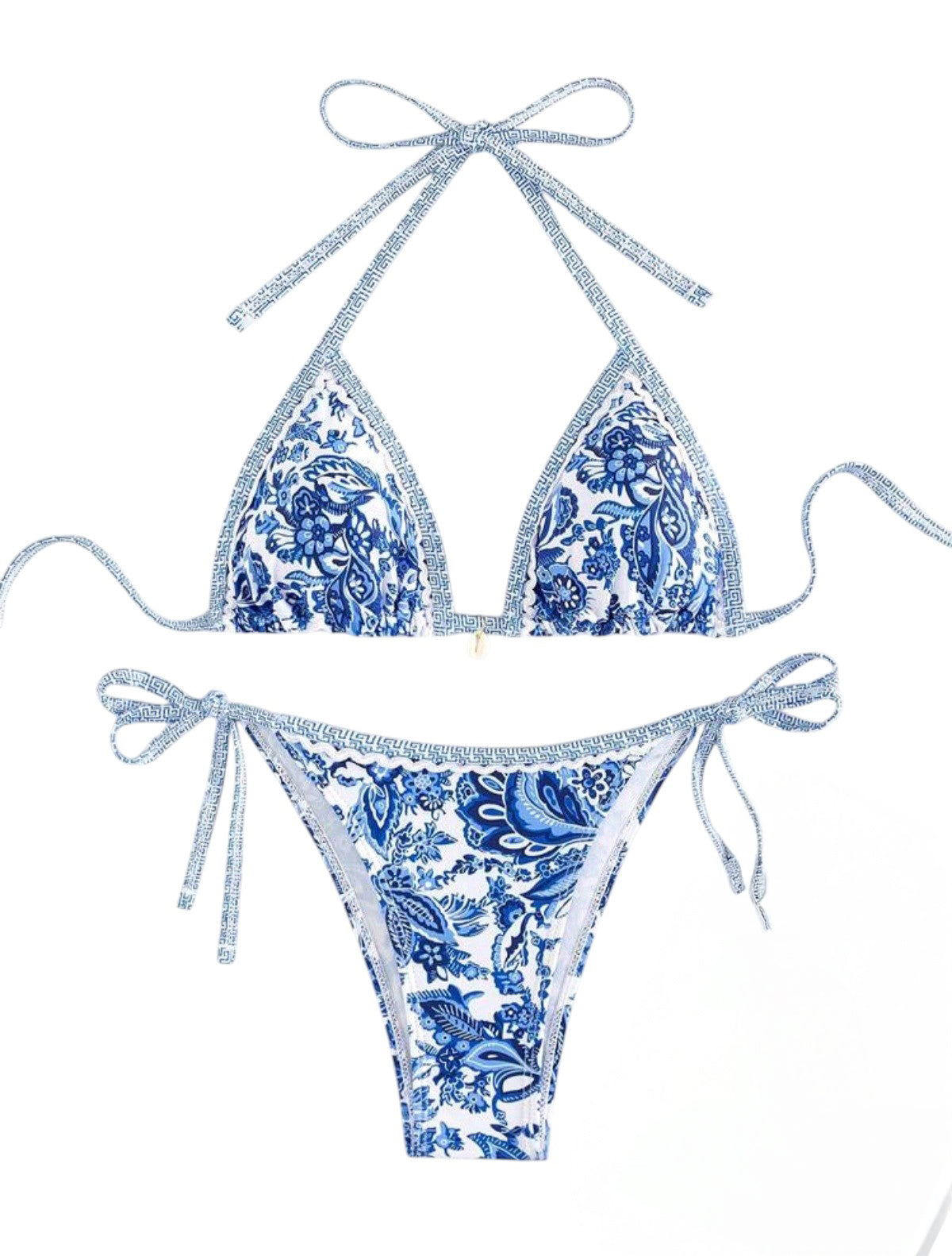 SHE fehér kék mintás csillogó szegélyes bikini szett