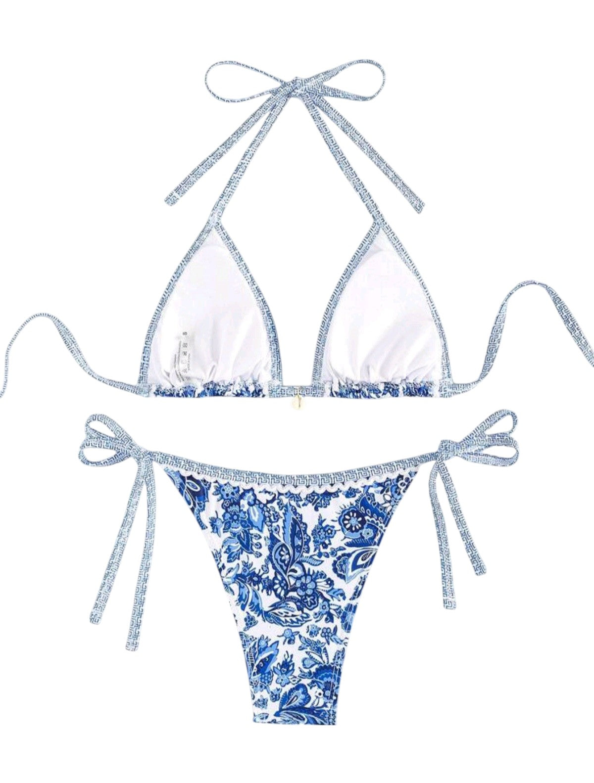 SHE fehér kék mintás csillogó szegélyes bikini szett