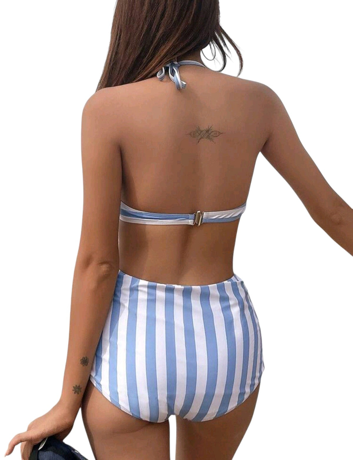 SHE kék-fehér csíkos háromrészes bikini szett