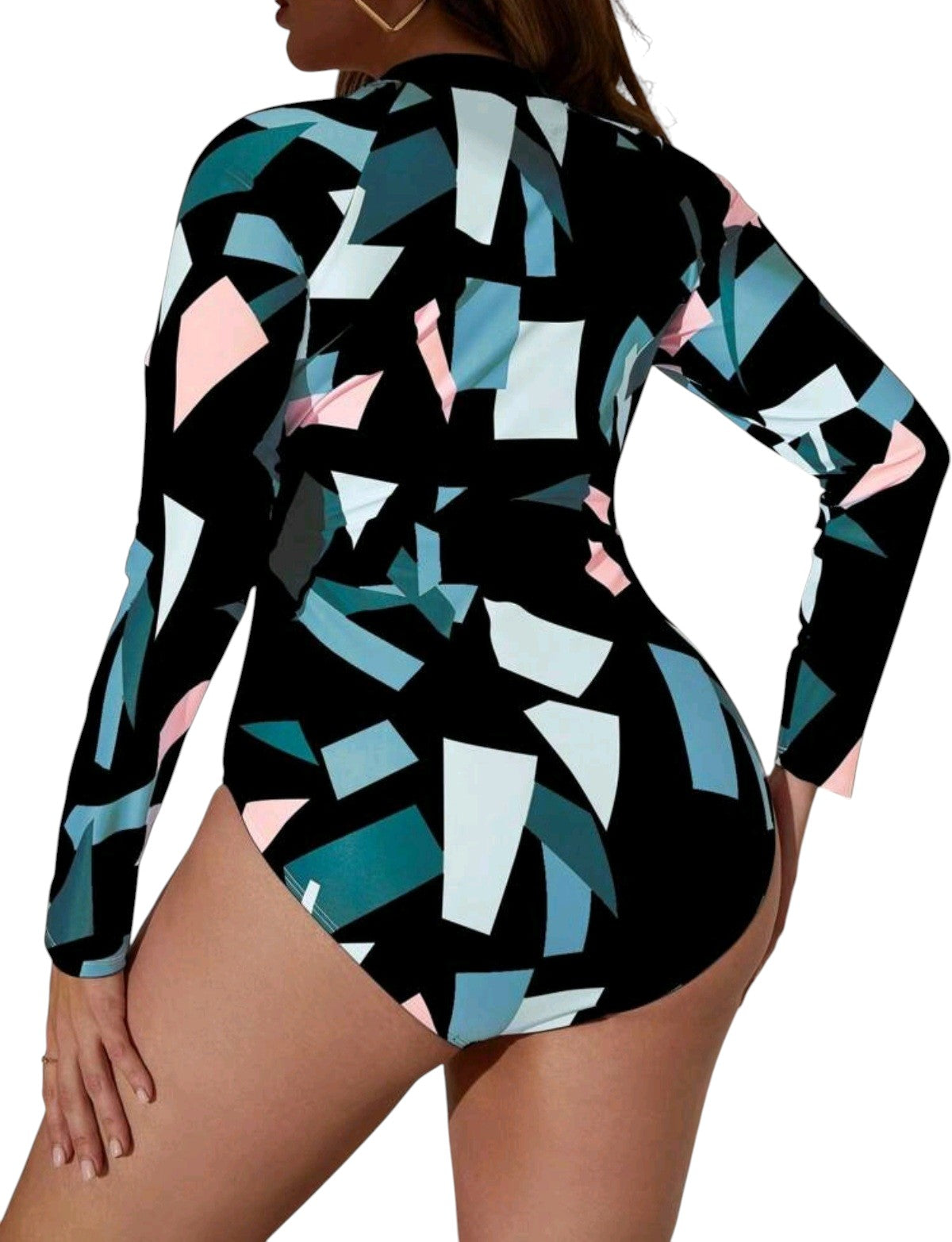 SHE fekete mintás hosszú ujjú cipzáras egyberészes fürdőruha