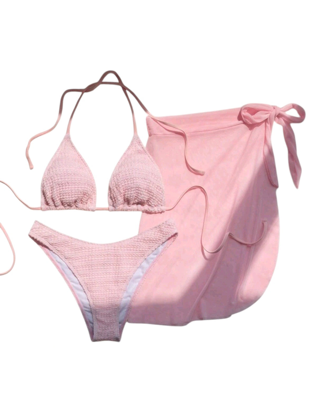 SHE rózsaszín texturált háromrészes bikini szett pareóval
