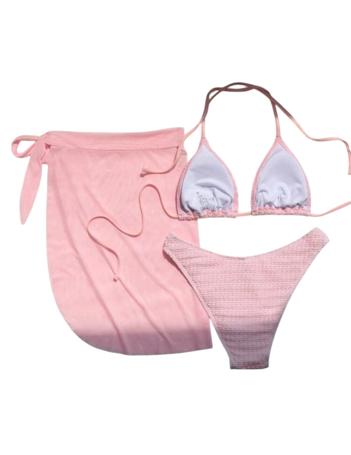 SHE rózsaszín texturált háromrészes bikini szett pareóval