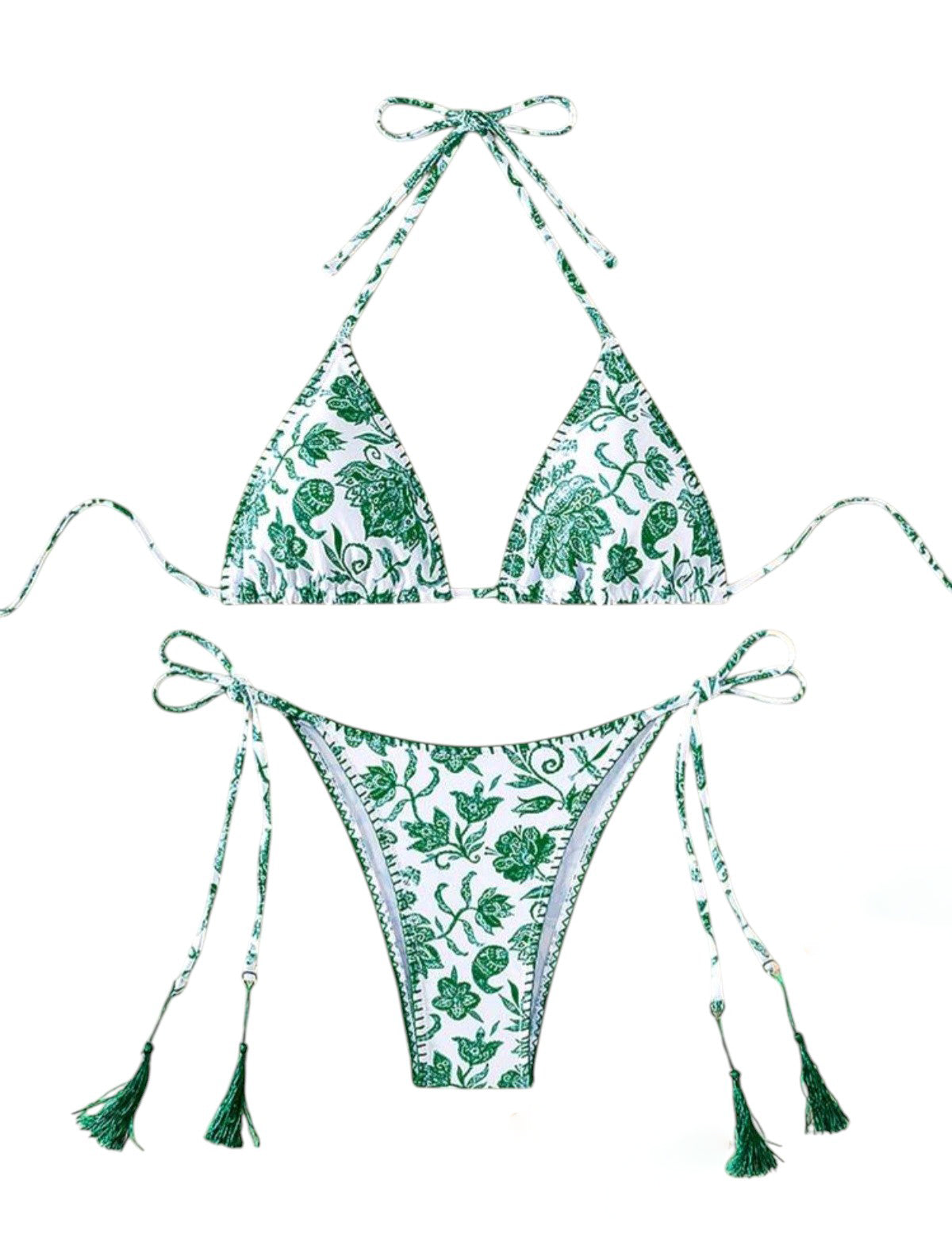 SHE fehér zöld mintás bojttos bikini