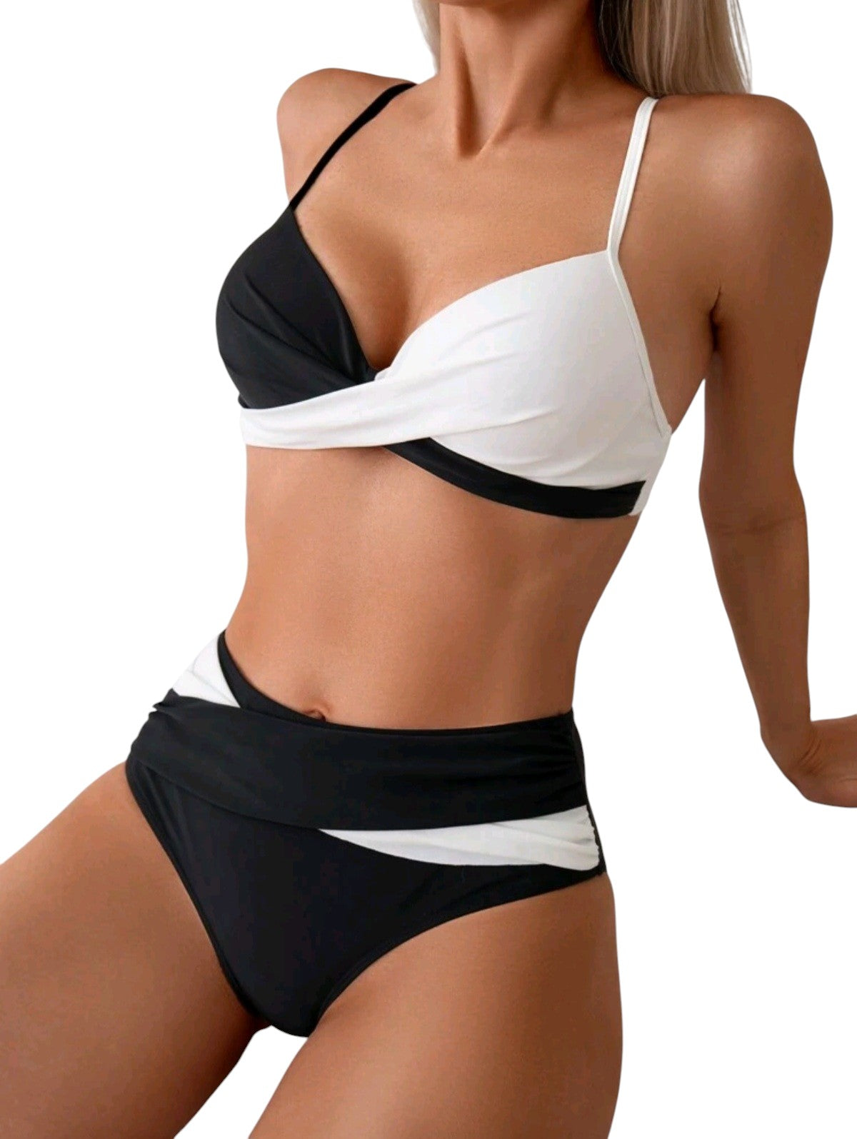 SHE fekete-fehér colorblock átlapolt bikini