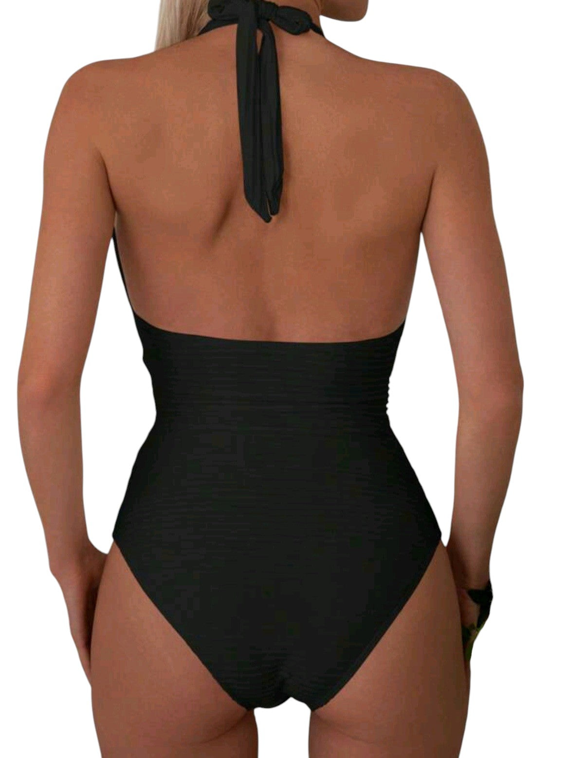 SHE fekete bordázott mélyen dekoltált egyrészes fürdőruha