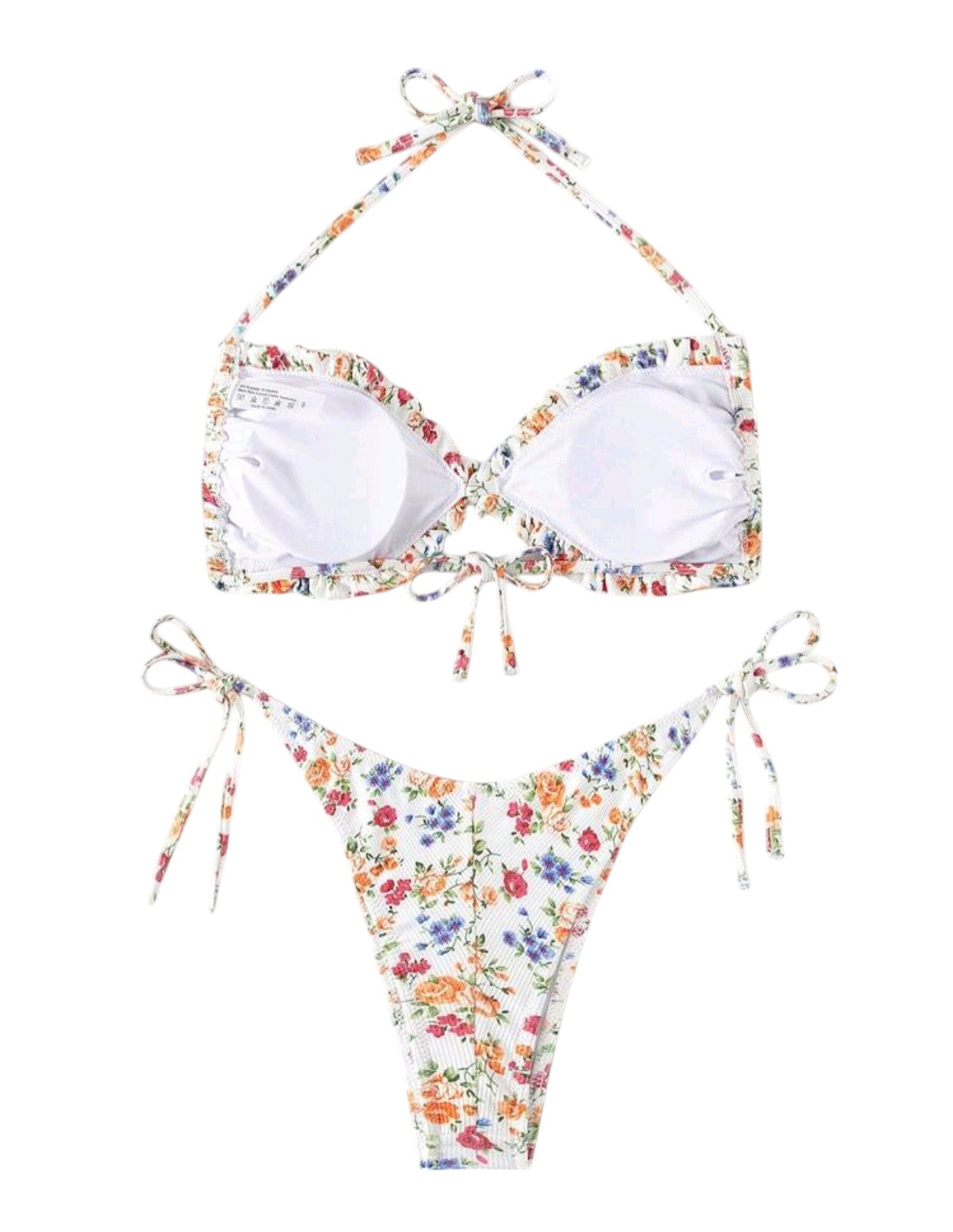 SHE fehér virágmintás bordázott bandeau bikini