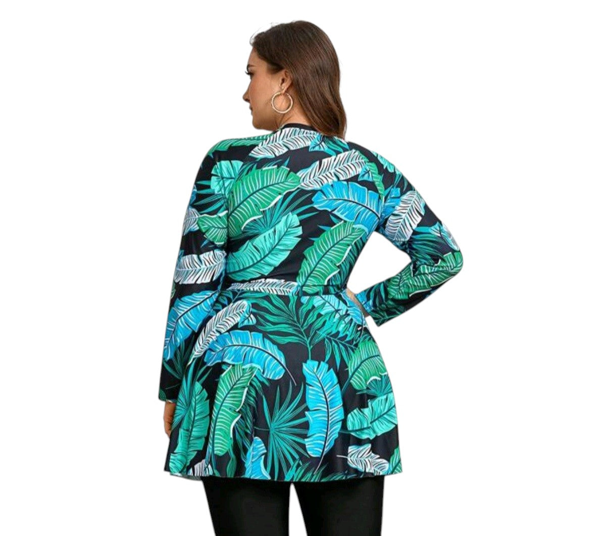 SHE zöld levélmintás hosszú ujjú cipzáras tankini felső