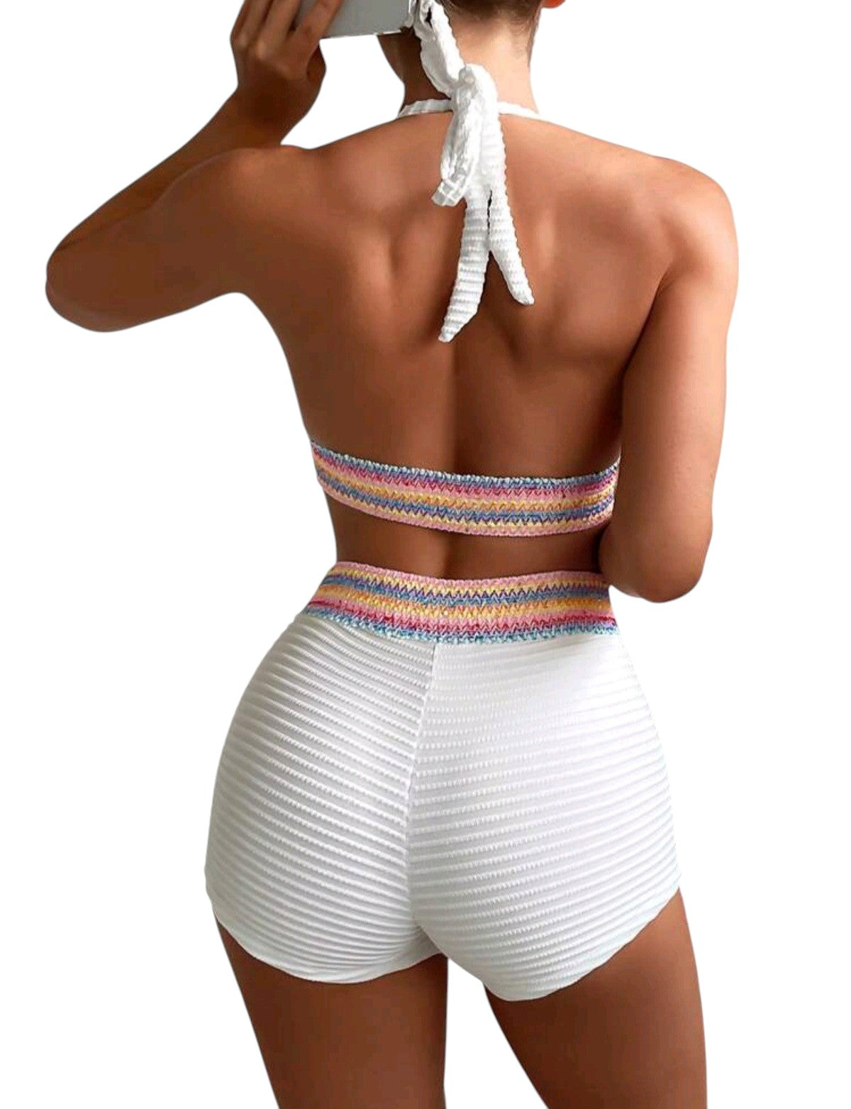 SHE fehér szivárványcsíkos bordázott háromrészes bikini szett