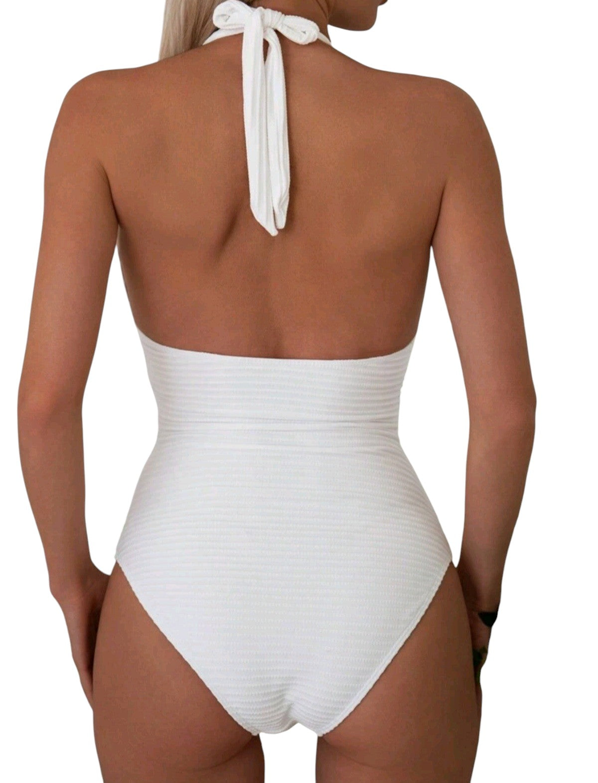 SHE fehér bordázott mélyen dekoltált egyrészes fürdőruha