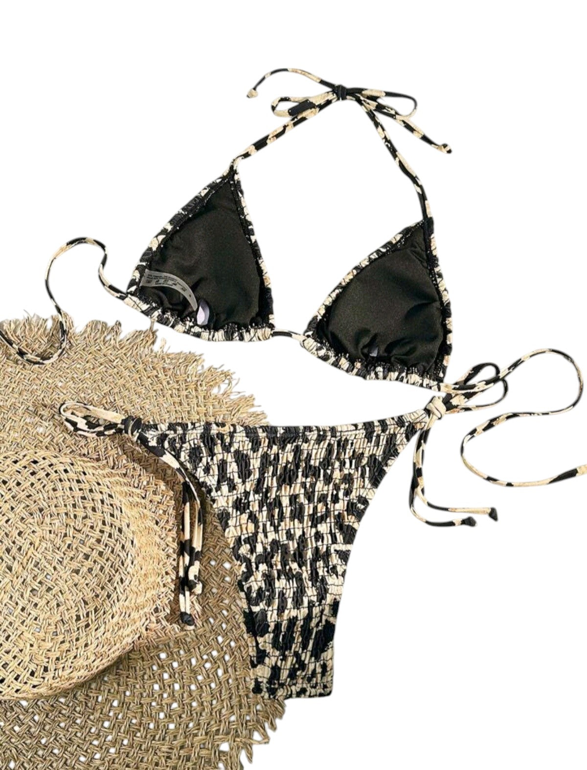 SHE fekete-bézs párducmintás texturált kötős bikini