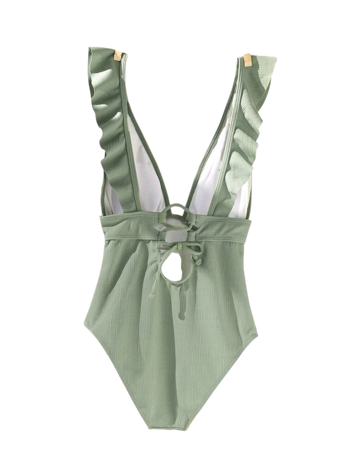 SHE olivazöld bordázott fodros V-nyakú egyrészes fürdőruha