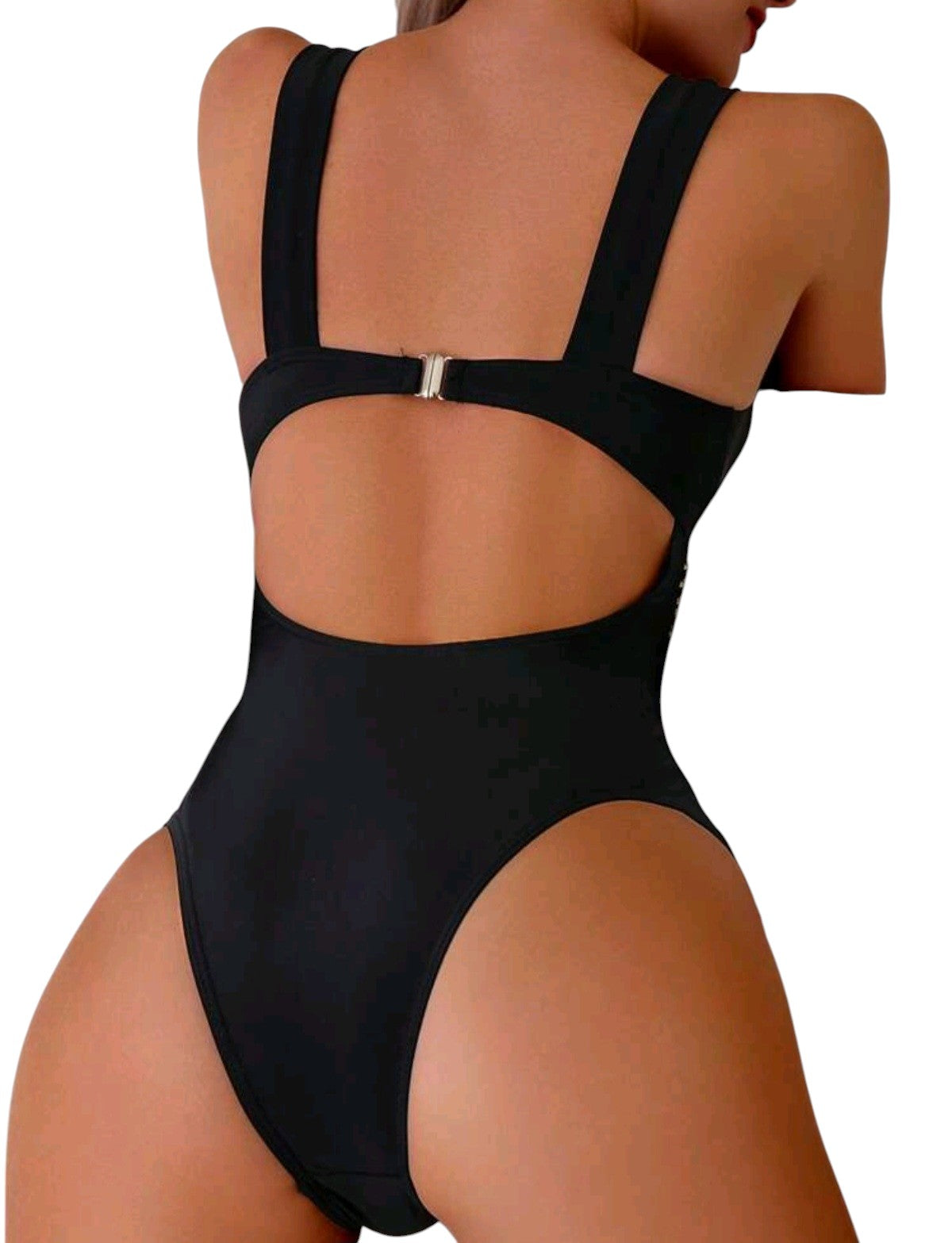 SHE fekete arany szövött pántos egyrészes fürdőruha