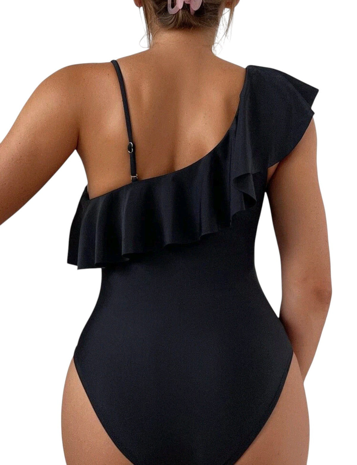 SHE fekete félvállas fodros hálós betétes egyrészes fürdőruha