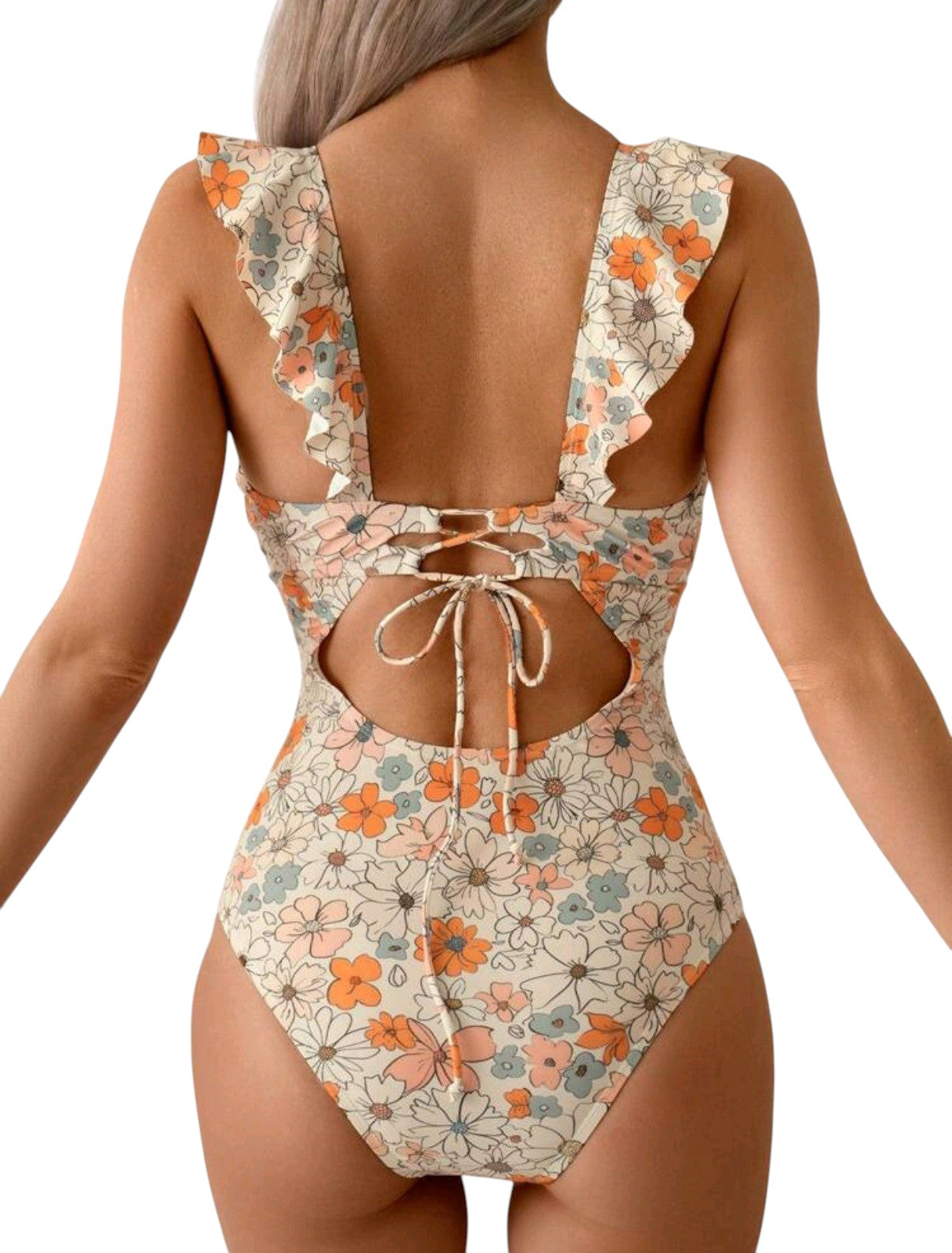 SHE krém virágmintás fodros V-nyakú egyrészes fürdőruha