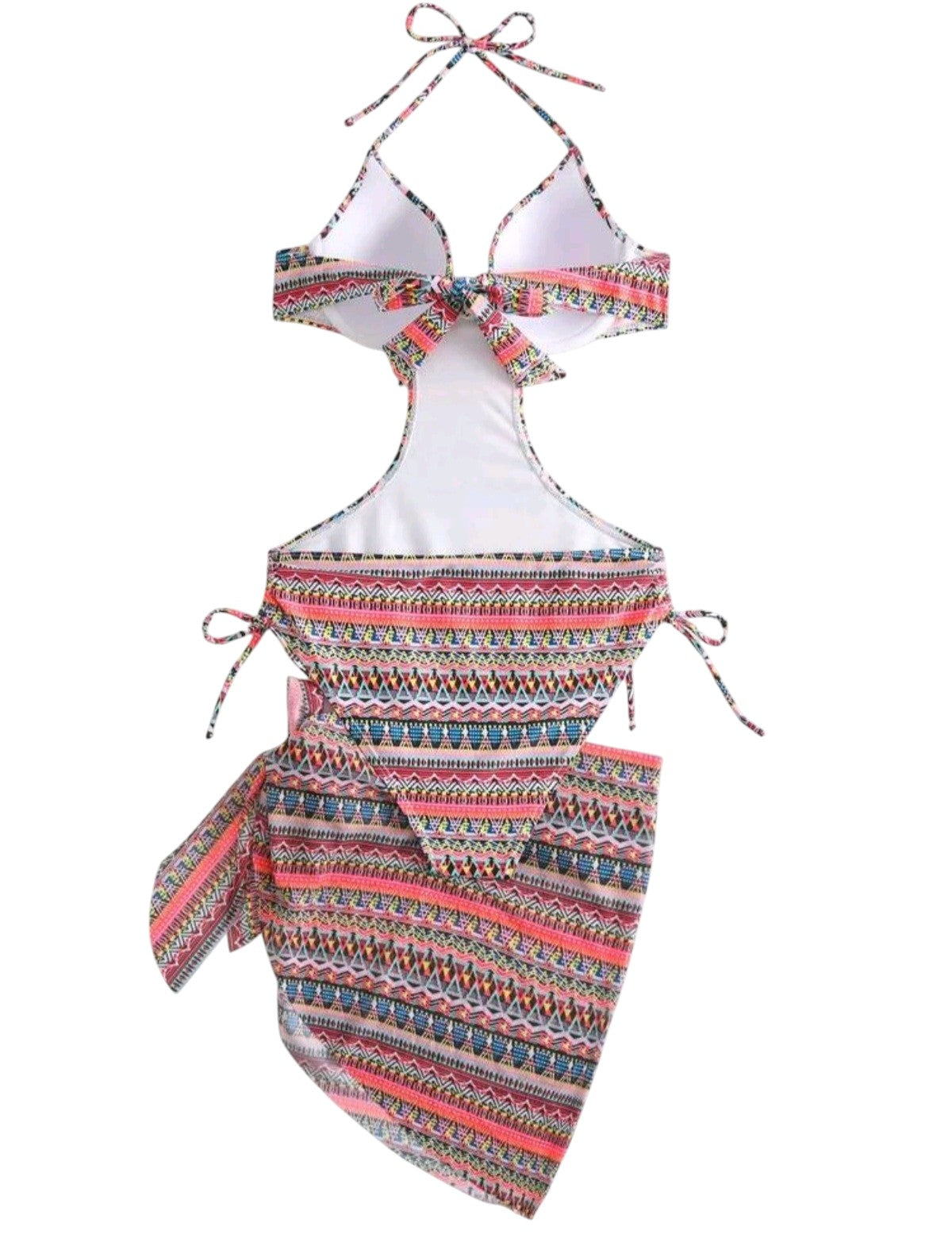 SHE többszínű azték mintás kivágott monokini és pareo szett